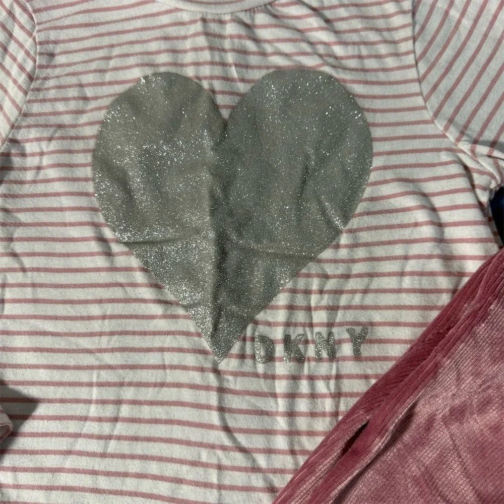 DKNY Girls' Pink Striped 2-piece Long Sleeve Set Size 4 Heart Theme